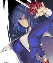 Rule 34 | 1girl, alternate breast size, artist name, between fingers, black keys (type-moon), blue dress, blue eyes, blue hair, breasts, ciel (tsukihime), closed mouth, commentary request, cross, cross necklace, dress, dual wielding, fingernails, habit, hair over one eye, holding, holding sword, holding weapon, jewelry, large breasts, long sleeves, looking away, necklace, nun, one eye covered, short hair, signature, solo, sword, tsukihime, tsukihime (remake), uhana, upper body, weapon