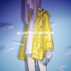 Rule 34 | 1girl, 2018, artist name, drawstring, dress, feet out of frame, highres, holding, hood, hood down, illustration.media, jacket, jewelry, konnoita, long hair, necklace, original, pink hair, shadow, solo, white dress, yellow jacket