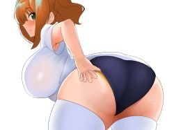 Rule 34 | :o, ass, ass focus, bare arms, bent over, blush, breasts, buruma, clothes pull, cowboy shot, expressionless, from behind, green eyes, gym uniform, highres, huge ass, huge breasts, idolmaster, kumako (kumakonoh), looking back, open mouth, orange hair, panties, panty peek, pulled by self, shirt, short sleeves, sidelocks, simple background, takatsuki yayoi, thick thighs, thighhighs, thighs, twintails, underwear, white background, white shirt, white thighhighs, yellow panties