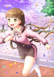 Rule 34 | 1girl, blunt bangs, blush, breasts, brown hair, cherry blossoms, cloud, cloudy sky, commentary, green eyes, highres, jacket, long hair, love live!, love live! superstar!!, low twintails, medium breasts, petals, purple sky, qy73, running, sakurakoji kinako, short shorts, shorts, sky, smile, solo, track jacket, tree, twintails, very long hair