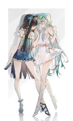 Rule 34 | 2girls, aotu world, artist request, bare arms, bare legs, bare shoulders, black footwear, black hair, blue bow, blue hairband, blue skirt, blush, bow, bow hairband, breasts, character request, closed eyes, closed mouth, contrapposto, dress, eyewear on head, flower, gradient background, green-tinted eyewear, green eyes, grey background, hairband, high heels, highres, holding, holding hands, holding microphone, indoors, long hair, looking at another, medium breasts, microphone, multiple girls, navel, parted lips, pointy ears, reflection, see-through, sideboob, silver hair, skirt, sleeveless, sleeveless dress, standing, sunglasses, tinted eyewear, very long hair, white dress, white flower, white footwear
