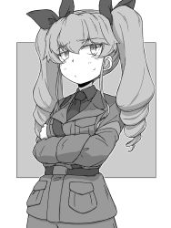 Rule 34 | 1girl, absurdres, anchovy (girls und panzer), anzio military uniform, belt, closed mouth, commentary request, crossed arms, dress shirt, drill hair, frown, girls und panzer, greyscale, hair ribbon, half-closed eyes, highres, jacket, long hair, long sleeves, looking at viewer, military, military uniform, monochrome, necktie, pants, partial commentary, renshiu, ribbon, sam browne belt, shirt, solo, standing, sweatdrop, twin drills, twintails, uniform, wing collar