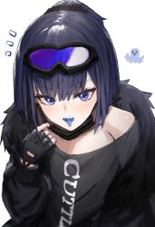 Rule 34 | 1girl, andreana (arknights), arknights, bare shoulders, black gloves, black hair, black jacket, blue tongue, colored tongue, fingerless gloves, fur-trimmed jacket, fur trim, gloves, goggles, goggles on head, hair between eyes, highres, horn/wood, jacket, long sleeves, looking at viewer, notice lines, octopus, off shoulder, open clothes, open jacket, ponytail, puffy long sleeves, puffy sleeves, purple eyes, shirt, simple background, solo, tongue, tongue out, upper body, white background, white shirt