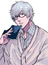 Rule 34 | 1boy, a nzi end, black eyes, bleach, book, buttons, cardigan, checkered clothes, checkered shirt, collarbone, collared shirt, glasses, hair between eyes, highres, holding, holding book, ishida ryuuken, long sleeves, looking at viewer, male focus, medium bangs, open book, parted lips, shirt, signature, solo, upper body, white background, white hair