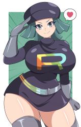 Rule 34 | 1girl, :&gt;, absurdres, abysswatchers, alternate breast size, belt, black dress, black hat, boots, breasts, cowboy shot, creatures (company), curvy, dress, game freak, gloves, great ball, green eyes, green hair, grey belt, grey footwear, grey gloves, hand on own hip, hat, heart, highres, holding, holding poke ball, large breasts, long hair, looking at viewer, miniskirt, nintendo, open mouth, poke ball, pokemon, pokemon usum, salute, shiny skin, skirt, smile, solo, team rainbow rocket, team rainbow rocket grunt, teeth, thigh boots, wide hips