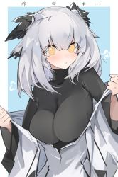 Rule 34 | 1girl, arknights, bird girl, black sweater, blue background, blush, border, breasts, bright pupils, highres, impossible clothes, impossible sweater, large breasts, long hair, long sleeves, looking at viewer, mikozin, off shoulder, outside border, owl ears, parted lips, ptilopsis (arknights), pulled by self, silver hair, simple background, solo, sweater, translation request, undressing, upper body, white border, yellow eyes
