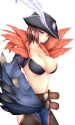 Rule 34 | 1girl, badge, bat (animal), belt, blush, breasts, brown hair, capcom, cleavage, crop top, feathers, fedora, garuda (armor), grey eyes, hair over one eye, hat, hat feather, highres, hypnocatrice (armor), large breasts, midriff, monster hunter (series), monster hunter frontier, navel, open mouth, pink hair, profile, shield, short hair, side slit, smile, solo, standing, transparent background, underboob, yui.h