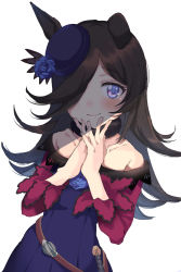 Rule 34 | 1girl, animal ears, bad id, bad pixiv id, bare shoulders, black hair, black hat, blue dress, blue flower, blue rose, blush, closed mouth, collarbone, commentary request, dagger, dress, flower, hair over one eye, hands up, hat, hat flower, highres, horse ears, kayanogura, knife, long hair, long sleeves, looking at viewer, off-shoulder dress, off shoulder, purple eyes, rice shower (umamusume), rose, simple background, smile, solo, tilted headwear, umamusume, very long hair, weapon, white background