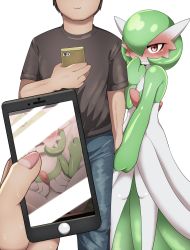 Rule 34 | 1boy, 1girl, black shirt, blue pants, blush, bob cut, cellphone, cellphone photo, closed mouth, colored skin, convenient censoring, creatures (company), denim, embarrassed, faceless, faceless male, flat chest, full-face blush, game freak, gardevoir, gen 3 pokemon, green hair, green skin, hair over one eye, hand up, head out of frame, highres, holding, holding hands, holding phone, jeans, looking at viewer, multicolored skin, netorare, nintendo, one eye covered, pants, phone, photo (object), photo comparison, pokemon, pokemon (creature), pov, red eyes, shiny skin, shirt, short hair, short sleeves, simple background, smartphone, solo focus, standing, straight-on, sweat, tahita, two-tone skin, wavy mouth, white background, white skin