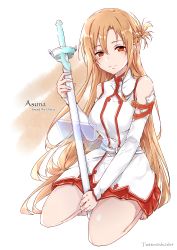 Rule 34 | 1girl, asuna (sao), bare legs, bare shoulders, barefoot, brown eyes, brown hair, detached sleeves, dress, full body, hair between eyes, highres, holding, holding sword, holding weapon, long hair, looking at viewer, rapier, red dress, shi-2, smile, sword, sword art online, thighs, weapon, white dress
