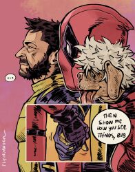 Rule 34 | ..., 2boys, artist name, beard, bodysuit, closed mouth, deadpool, deadpool &amp; wolverine, deadpool (series), dog, dogpool, english text, facial hair, flyingrotten, gloves, hashtag-only commentary, highres, holding hands, light smile, male focus, marvel, mature male, multiple boys, muscular, red bodysuit, red mask, short hair, speech bubble, spoken ellipsis, superhero costume, two-tone bodysuit, wolverine (x-men), x-men, yaoi, yellow bodysuit