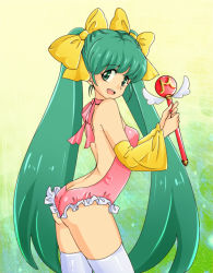 Rule 34 | 1girl, arched back, bow, butt crack, cowboy shot, green eyes, green hair, hair bow, hatsune miku, kotorii, leotard, long hair, magical girl, matching hair/eyes, open mouth, solo, thighhighs, twintails, very long hair, vocaloid, wand, white thighhighs
