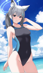 Rule 34 | 1girl, absurdres, akagi koku, animal ear fluff, animal ears, beach, black one-piece swimsuit, blue archive, blue eyes, blue sky, breasts, cloud, competition swimsuit, covered navel, cross hair ornament, day, extra ears, grey hair, hair ornament, halo, highres, horizon, low ponytail, medium breasts, medium hair, mismatched pupils, multicolored clothes, multicolored swimsuit, ocean, one-piece swimsuit, outdoors, shiroko (blue archive), shiroko (swimsuit) (blue archive), sky, smile, solo, swimsuit, wolf ears