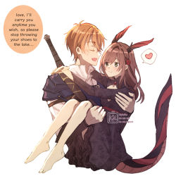 Rule 34 | 1boy, 1girl, :d, armor, artist name, barefoot, black dress, brown eyes, brown hair, carrying, closed eyes, closed mouth, dragon girl, dragon horns, dragon tail, dress, full body, green eyes, heart, horns, kana (ykskkn), knight, long hair, long sleeves, looking at another, luke pearce (tears of themis), open mouth, princess carry, rosa (tears of themis), short hair, simple background, smile, spoken heart, sword, tail, tears of themis, toes, weapon, weapon on back, white background