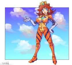 Rule 34 | 1girl, adapted costume, blue eyes, bodysuit, brown hair, commentary, cosplay, covered navel, crown, earrings, flower earrings, gem, hand on own hip, hand up, highres, interface headset, jewelry, looking to the side, mario (series), neon genesis evangelion, nintendo, oomasa teikoku, open mouth, pilot suit, plugsuit, princess daisy, skin tight, solo, souryuu asuka langley, souryuu asuka langley (cosplay), v-shaped eyebrows