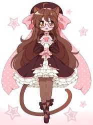 Rule 34 | 1girl, ahoge, animal ears, black footwear, black pantyhose, blush, bow, brown hair, cat ears, cat girl, cat tail, fictional persona, glasses, hair bow, heart, high heels, highres, long hair, long sleeves, looking at viewer, lucky star, omaoti, open mouth, original, pantyhose, parody, pink bow, puffy long sleeves, puffy sleeves, round eyewear, smile, solo, style parody, tail, very long hair, wavy hair, yoshimizu kagami (style)