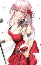Rule 34 | 1girl, absurdres, bare shoulders, black nails, breasts, cleavage, commentary request, cup, detached collar, dress, drinking glass, fingernails, flower, hair flower, hair ornament, highres, holding, holding cup, holding microphone stand, hololive, hololive english, long hair, looking at viewer, microphone stand, mori calliope, mori calliope (party dress), nail polish, pink eyes, pink hair, red dress, red flower, solo, strapless, strapless dress, virtual youtuber, weyas kayur, wine glass