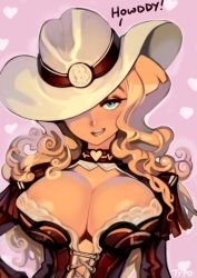 Rule 34 | 1girl, bad id, bad twitter id, blonde hair, blue eyes, breasts, choker, cleavage, cleavage cutout, clothing cutout, commentary, corset, covered erect nipples, cowboy bebop, cowboy hat, curly hair, english commentary, english text, epaulettes, hand on own hip, hat, hat over one eye, heart, heart background, heart choker, judy (cowboy bebop), lace trim, large breasts, long hair, looking at viewer, no bra, optionaltypo, solo