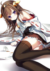 Rule 34 | 10s, 1girl, ahoge, bare shoulders, blush, brown hair, cup, detached sleeves, double bun, hair ornament, hairband, headgear, highres, japanese clothes, kantai collection, kongou (kancolle), long hair, looking at viewer, lying, on side, panties, pantyshot, personification, ribbon-trimmed sleeves, ribbon trim, skirt, smile, solo, spill, teacup, thighhighs, underwear, upskirt, wide sleeves, yoruneko