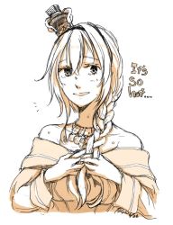Rule 34 | 1girl, alternate hairstyle, artist name, bare shoulders, blush, braid, collarbone, cropped torso, crown, dated, dress, hair between eyes, hair ornament, hairband, hand in own hair, jewelry, kantai collection, long hair, long sleeves, looking at viewer, mini crown, monochrome, necklace, off-shoulder dress, off shoulder, simple background, single braid, smile, solo, sweat, warspite (kancolle), white background, yamada rei (rou)