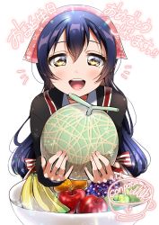 Rule 34 | 1girl, absurdres, bad id, bad twitter id, blue hair, blush, commentary request, food, fruit, hair between eyes, highres, holding, holding food, holding fruit, long hair, long sleeves, looking at viewer, love live!, love live! school idol festival, love live! school idol project, open mouth, panda copt, simple background, smile, solo, sonoda umi, upper body, white background, yellow eyes