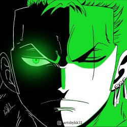 Rule 34 | 1boy, artist name, artsbykk, closed mouth, commentary, earrings, english commentary, green eyes, green hair, instagram logo, instagram username, jewelry, limited palette, looking at viewer, male focus, one eye closed, one piece, roronoa zoro, scar, scar across eye, scar on face, short hair, signature, single earring, solo, spot color