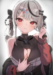 Rule 34 | 1girl, absurdres, bare shoulders, black hair, black ribbon, breasts, cleavage, cleavage cutout, closed mouth, clothing cutout, ear piercing, gradient background, grey background, grey hair, hair ornament, hair ribbon, highres, holding, holding hair, hololive, large breasts, long sleeves, looking at viewer, multicolored hair, piercing, pomesaurus, red eyes, red sleeves, ribbon, sakamata chloe, sakamata chloe (jirai kei), short hair, solo, streaked hair, sweat, twintails, upper body, virtual youtuber, wavy mouth, x hair ornament