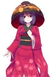 Rule 34 | 1girl, black hat, black sash, bowl, bowl hat, breasts, clenched hand, colored eyelashes, commentary request, cowboy shot, crote, eyes visible through hair, hair between eyes, hand on own chest, hat, highres, japanese clothes, kimono, leaf print, long sleeves, looking at viewer, obi, purple hair, red eyes, red kimono, sash, short hair, simple background, small breasts, smile, solo, standing, sukuna shinmyoumaru, touhou, transparent background, white background, wide sleeves