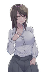 Rule 34 | 1girl, breasts, brown eyes, brown hair, collar tug, commentary, dress shirt, girls und panzer, grey skirt, highres, kimi tsuru, large breasts, long hair, long sleeves, looking at viewer, mika (girls und panzer), miniskirt, no headwear, one eye closed, open mouth, pleated skirt, school uniform, shirt, simple background, skirt, smile, solo, standing, white background, white shirt, wing collar