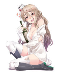 Rule 34 | 10s, 1girl, black footwear, blush, boots, bottle, breasts, brown eyes, drunk, eyebrows, grey hair, hat, highres, kantai collection, knee boots, konnyaku (kk-monmon), large breasts, long hair, open mouth, pola (kancolle), simple background, smile, solo, thigh boots, thighhighs, wavy hair, white thighhighs, wine bottle