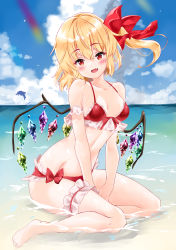 Rule 34 | 1girl, :d, absurdres, bare legs, barefoot, beach, bikini, blonde hair, blue sky, blush, breasts, bridal garter, cloud, commentary request, crystal, day, dolphin, fang, flandre scarlet, front-tie bikini top, front-tie top, hair between eyes, head tilt, highres, looking at viewer, meteor (yamashou), no headwear, ocean, one side up, open mouth, outdoors, partial commentary, red bikini, red eyes, short hair, sitting, sky, small breasts, smile, solo, stomach, swimsuit, thighs, touhou, water, wings, yokozuwari