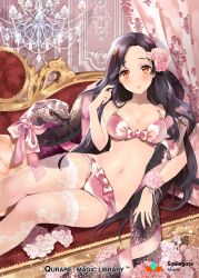 Rule 34 | 1girl, :o, animal, bare shoulders, black hair, blush, bow, bow panties, bra, breasts, brown eyes, chandelier, cleavage, copyright name, couch, curtains, diamond (gemstone), fishnet thighhighs, fishnets, floral print, flower, front-tie top, gem, hair flower, hair ornament, ice (ice aptx), indoors, lingerie, long hair, looking at viewer, nail polish, navel, on couch, open mouth, orange nails, panties, pink bra, pink panties, qurare magic library, reptile, scales, sitting, snake, solo, stomach, thighhighs, tongue, tongue out, underwear, underwear only, very long hair, white thighhighs, wrist cuffs