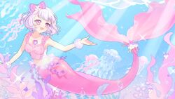 Rule 34 | 1girl, :d, absurdres, blunt bangs, bow, breasts, bubble, coral, crop top, diffraction spikes, frilled bow, frilled straps, frills, full body, gradient background, hair bow, hand up, highres, indie virtual youtuber, jellyfish, jewelry, light rays, mermaid, momokan (mmkn100), monster girl, multicolored bow, necklace, open mouth, pink eyes, pink shirt, pink tail, plant, purple bow, purple ribbon, ribbon, see-through wrist cuffs, shirt, short hair, signature, small breasts, smile, solo, spaghetti strap, sunbeam, sunlight, underwater, virtual youtuber, watermark, watermark grid, white hair, wrist cuffs