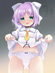 Rule 34 | 1girl, blue eyes, bow, bow panties, breath, cameltoe, choker, clothes lift, commentary request, gluteal fold, gradient background, grey background, hair bow, highres, long hair, looking at viewer, navel, no pants, open mouth, original, panties, ponytail, purinpurin, purple hair, ribbon, shirt, shirt lift, simple background, smile, solo, thighs, underwear, white panties, white shirt