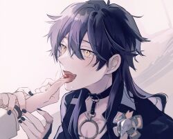 Rule 34 | 2boys, :p, bishounen, black choker, black nails, blush, brothers, candy heart, choker, eiden (nu carnival), highres, incest, long hair, long sleeves, looking at another, male focus, multiple boys, nail polish, nu carnival, purple hair, rin (nu carnival), siblings, tongue, tongue out, yaoi, yellow eyes, zym89622531