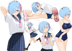 1girl :t absurdres alternate_costume arms_behind_head arms_under_breasts arms_up black_socks blue_eyes blue_hair blue_one-piece_swimsuit blue_sailor_collar blue_shorts blue_skirt blush bread bread_slice breasts brown_footwear closed_eyes closed_mouth commentary eating flying_sweatdrops food food_in_mouth hair_ornament hair_over_one_eye hair_ribbon highres holding holding_food large_breasts loafers looking_at_viewer mameroku midriff_peek multiple_views neckerchief one-piece_swimsuit onigiri panties panty_peek pink_footwear pink_neckerchief pink_ribbon pleated_skirt re:zero_kara_hajimeru_isekai_seikatsu rem_(re:zero) revision ribbon running sailor_collar school_uniform serafuku shirt shoes short_sleeves shorts simple_background skirt smile socks spread_legs stretching swimsuit symbol-only_commentary thighs underwear white_background white_shirt