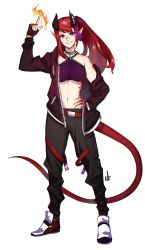 Rule 34 | 1girl, absurdres, black pants, body freckles, distr, dragon girl, fire, freckles, full body, grin, halterneck, hand on own hip, highres, horns, jacket, looking at viewer, magic, midriff, multicolored hair, navel, off shoulder, original, pants, ponytail, purple hair, pyrokinesis, red hair, red jacket, shoes, signature, simple background, smile, solo, standing, streaked hair, tail, white background, white footwear