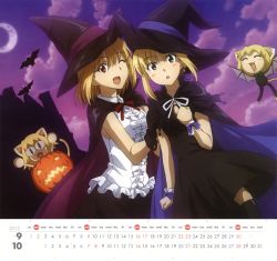 Rule 34 | 10s, 2012, 2girls, absurdres, alternate costume, amisaki ryouko, arcueid brunestud, artoria pendragon (all), artoria pendragon (fate), bat (animal), bat wings, blonde hair, blush, calendar, cape, carnival phantasm, cosplay, crescent moon, dress, fate/stay night, fate (series), green eyes, halloween, hat, highres, moon, multiple girls, neco-arc, neco-arc bubbles, nekoarc babbles, october, official art, one eye closed, pumpkin costume, red eyes, saber (fate), september, sidelocks, skirt, sleeveless, thighhighs, tsukihime, type-moon, wings, wink, witch, witch hat