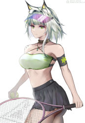 Rule 34 | 1girl, alternate costume, animal ears, arknights, armband, ass, ball, bandeau, bare arms, bare shoulders, berylmini, black choker, black skirt, breasts, cat ears, choker, cleavage, commentary request, copyright name, cowboy shot, criss-cross halter, dated, green bandeau, green eyes, hair intakes, halterneck, highres, holding, holding ball, holding racket, kal&#039;tsit (arknights), large breasts, looking at viewer, material growth, midriff, miniskirt, no navel, oripathy lesion (arknights), racket, short hair, silver hair, simple background, skirt, solo, standing, stomach, tennis ball, tennis racket, underbutt, visor cap, white background