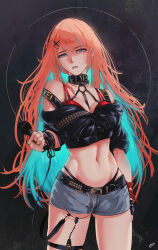 Rule 34 | 1girl, belt, blue hair, collar, colored inner hair, ear piercing, earrings, eden exile, hair ornament, highres, holding, holding microphone, hololive, hololive english, jewelry, long hair, looking at viewer, microphone, midriff, multicolored hair, navel, official alternate costume, orange hair, piercing, purple eyes, ring, short shorts, shorts, signature, skindentation, solo, takanashi kiara, virtual youtuber, x hair ornament
