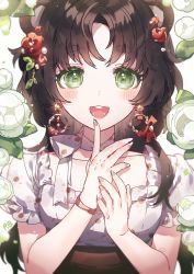 1girl, animal ears, bear ears, blurry, blurry foreground, blush, bracelet, breasts, brown hair, collar, commentary, detached collar, earrings, eyebrows behind hair, floral print, flower, flower request, green eyes, green nails, hair flower, hair ornament, highres, hoop earrings, jewelry, lipstick, long hair, looking at viewer, makeup, medium breasts, nail polish, open mouth, original, panprika, puffy short sleeves, puffy sleeves, red flower, red rose, rose, shiny, shiny hair, shirt, short sleeves, signature, simple background, solo, upper body, upper teeth, white background, white collar, white flower, white shirt