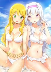Rule 34 | 2girls, :o, bad id, bad pixiv id, belly chain, bikini, blonde hair, blush, breasts, cleavage, cloud, day, front-tie top, gradient background, green eyes, twirling hair, hairband, halterneck, hoshii miki, idolmaster, idolmaster (classic), jewelry, long hair, looking at viewer, medium breasts, multiple girls, navel, o-ring, o-ring bikini, open mouth, outdoors, partially submerged, purple eyes, red eyes, shijou takane, shiny skin, silver hair, sitting, sky, swimsuit, takeashiro, water, wet, white bikini