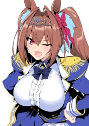 Rule 34 | 1girl, animal ears, blush, breasts, brown hair, daiwa scarlet (umamusume), epaulettes, fang, hair intakes, halcon, hands on own hips, highres, horse ears, horse girl, large breasts, long hair, long sleeves, looking at viewer, open mouth, red eyes, smile, solo, tiara, twintails, umamusume, very long hair, white background