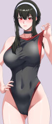 Rule 34 | 1girl, black choker, black hair, black one-piece swimsuit, blush, breasts, choker, closed mouth, commentary request, competition swimsuit, covered navel, cowboy shot, grey background, hairband, hand on own hip, highleg, highleg swimsuit, highres, large breasts, one-piece swimsuit, raised eyebrows, red eyes, sidelocks, simple background, solo, spy x family, strap pull, swimsuit, white hairband, yor briar, zucchini