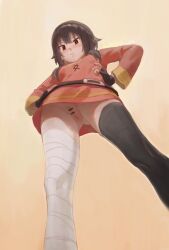 Rule 34 | 1girl, :&lt;, bandaged leg, bandages, bar censor, belt, belt buckle, black thighhighs, buckle, censored, cleft of venus, cowboy shot, dress, fingerless gloves, from below, gloves, hands on own hips, highres, kono subarashii sekai ni shukufuku wo!, long sleeves, megumin, no panties, petite, pussy, red dress, red eyes, short hair with long locks, simple background, single thighhigh, solo, thighhighs, toxic (toxicv), yellow background