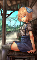 Rule 34 | 1girl, aged down, alice margatroid, arm support, bench, black skirt, black thighhighs, blue hairband, blue ribbon, blue skirt, blue sky, blurry, blurry background, casual, day, depth of field, from side, hair ribbon, hairband, half-closed eyes, high-waist skirt, highres, miniskirt, outdoors, parted bangs, pleated skirt, ribbon, shirt, short hair, short sleeves, shounen (hogehoge), sitting, skirt, sky, smile, solo, striped clothes, striped shirt, suspender skirt, suspenders, thighhighs, touhou, train station, utility pole