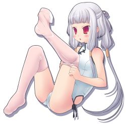 Rule 34 | 00s, 1girl, adjusting clothes, adjusting legwear, amamiya minato, code geass, dressing, feet, half updo, one-piece swimsuit, outstretched leg, red eyes, school swimsuit, solo, swimsuit, thighhighs, thighhighs pull, tianzi, white school swimsuit, white one-piece swimsuit