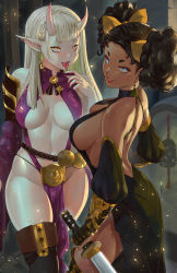 Rule 34 | 2girls, black dress, blue eyes, blunt bangs, boots, bow, breasts, cleavage, dark-skinned female, dark skin, detached sleeves, dress, ear piercing, earrings, hair bow, highres, holding, holding sword, holding weapon, horns, jewelry, looking at viewer, medium breasts, multiple girls, oni horns, original, pale skin, piercing, second-party source, smile, standing, sword, thigh boots, thighhighs, tongue, tongue out, uliel, weapon, white hair, wide sleeves, yellow bow, yellow eyes