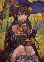 Rule 34 | 1girl, absurdres, animal, autumn, autumn leaves, black headwear, black jacket, book, brown hair, commentary request, eating, fingernails, food, fruit, grapes, hair between eyes, hat, highres, holding, holding book, holding food, jacket, large hat, leaf, long hair, looking at viewer, nail polish, nut (food), off shoulder, open clothes, open jacket, orange sweater, original, outdoors, purple eyes, purple nails, ribbed sweater, sabamiso taro, sitting, sleeveless, sleeveless sweater, squirrel, sweater, teeth, tree, turtleneck, turtleneck sweater, twintails, upper teeth only, witch, witch hat