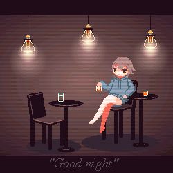 Rule 34 | 1girl, animated, animated gif, bare legs, barefoot, brown hair, chair, cup, drawstring, drinking, english text, hood, hoodie, ice, ice cube, looping animation, lowres, original, pixel art, short hair, sidelocks, sitting, solo, sotie, swinging legs, table